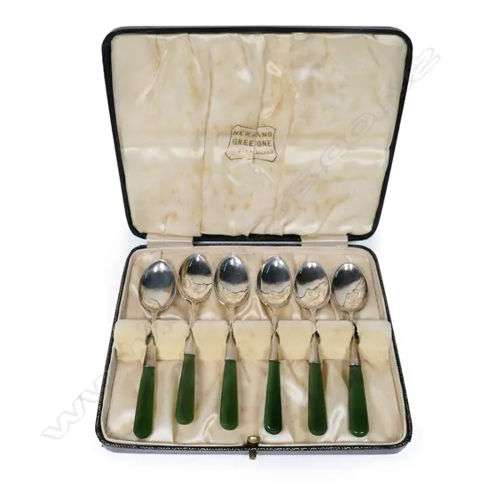 Joseph Swindell set of six silver and pounamu coffee spoons,
